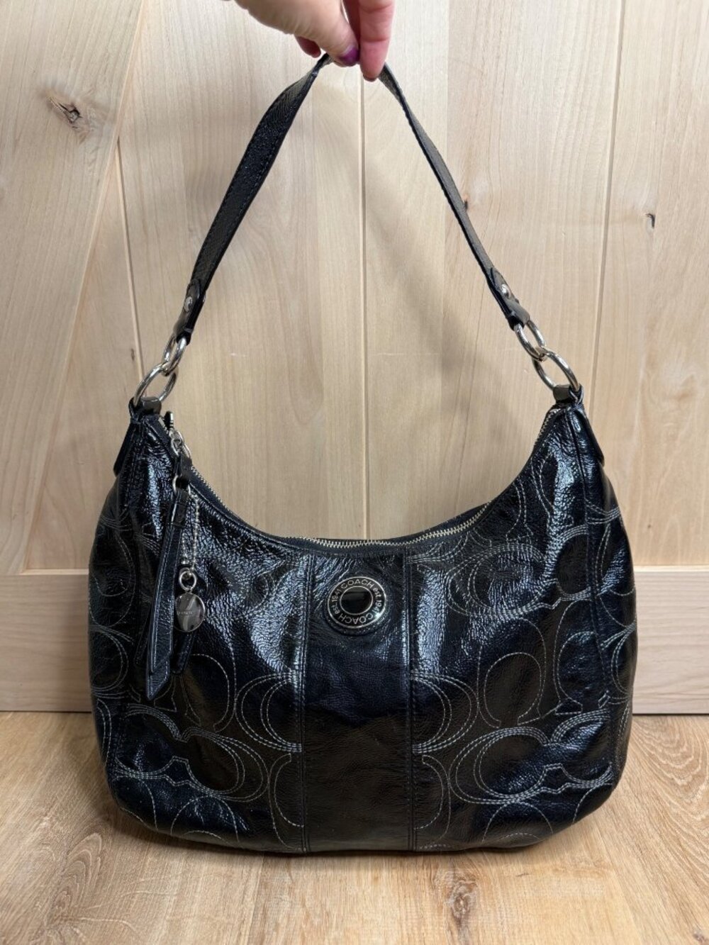 Coach Signature Stitched Black Patent Leather Hobo Shoulder Bag F19282 Large